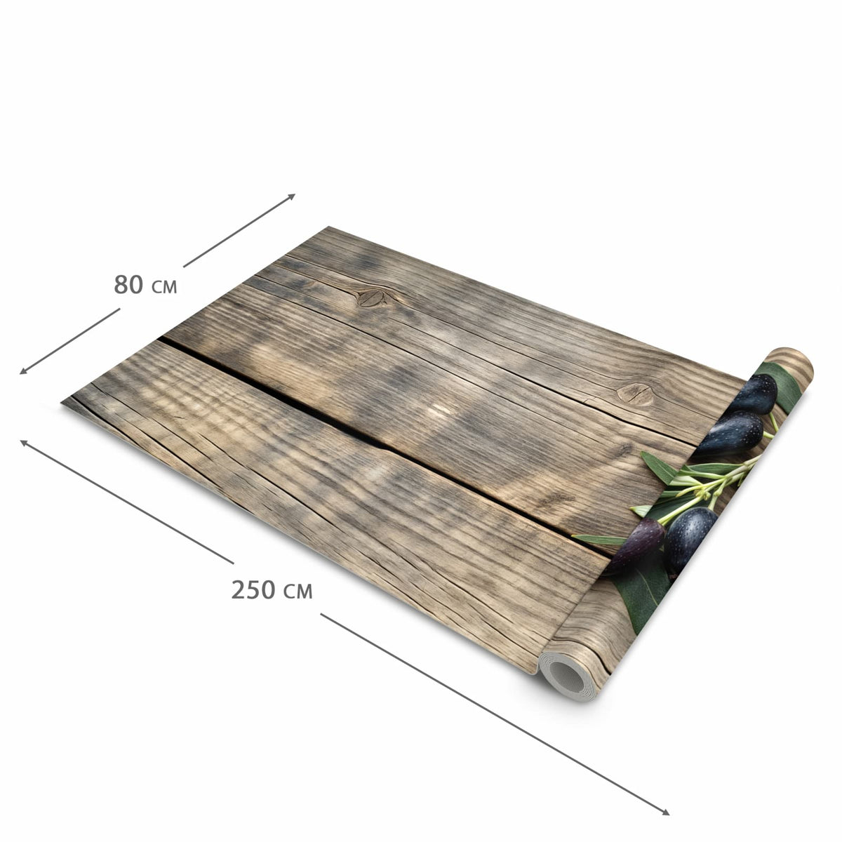 Geruchsneutraler rutschfester Küchenläufer mit Motiv Holztisch mit Oliven in der Grösse 80x280 cm