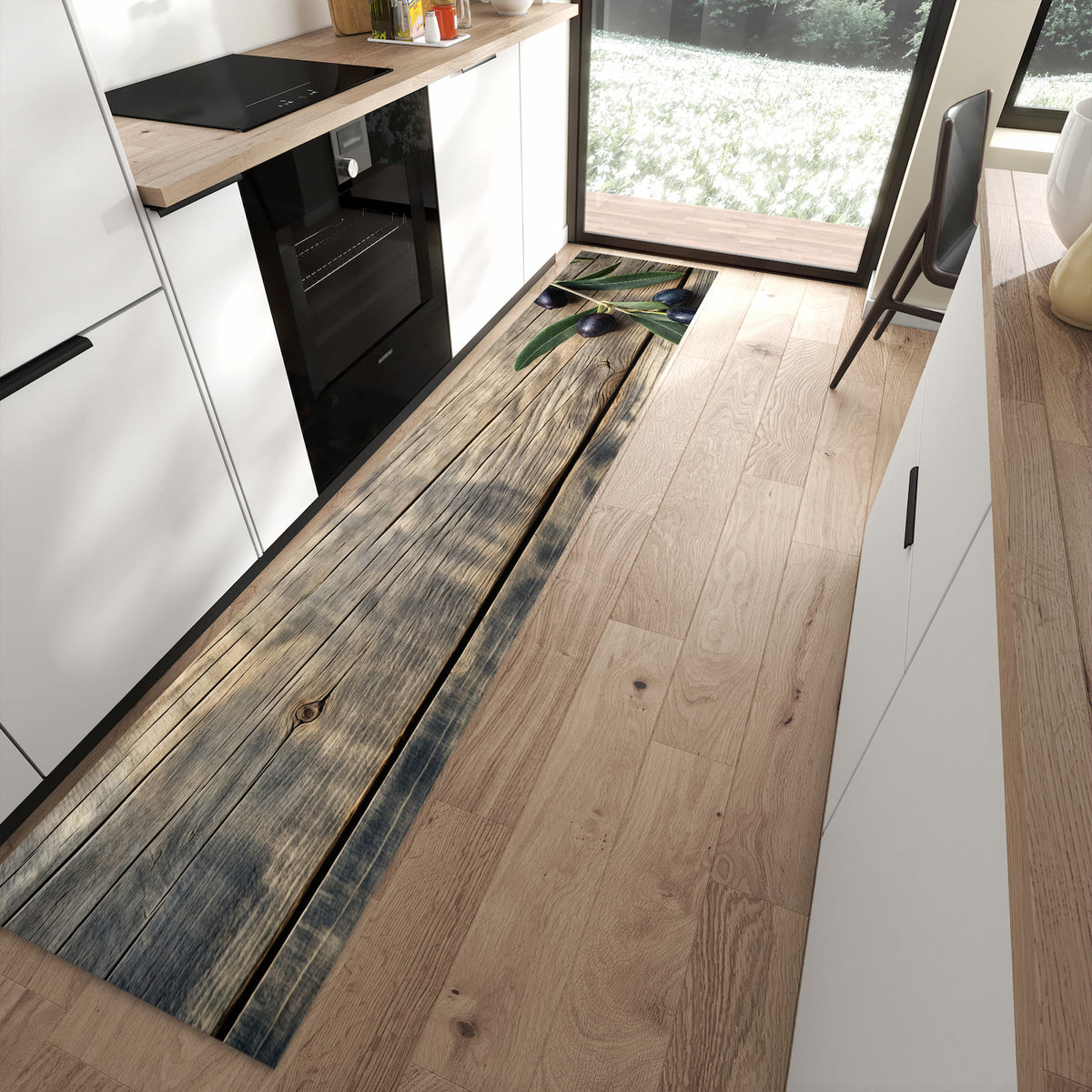 Komfortabler waschbarer Küchenteppich mit Motiv Holztisch mit Oliven in moderner Küche