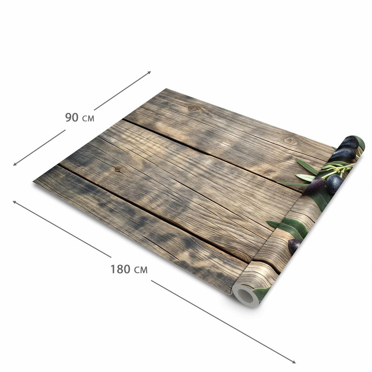 Pflegeleichter moderner Küchenläufer mit Motiv Holztisch mit Oliven in der Größe 80x280 cm