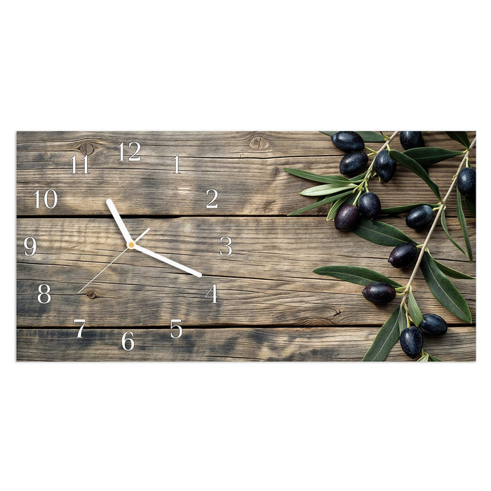 Wanduhr Holztisch mit Oliven aus Glas – Querformat 60 × 30 cm mit Ziffernblatt Klassisch