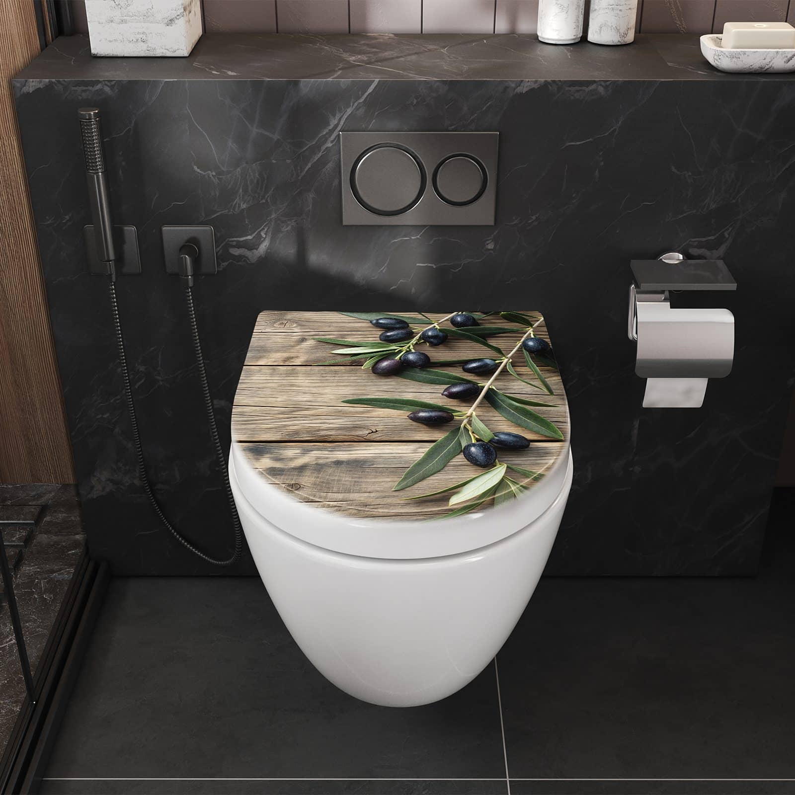 WC-Sitz mit Absenkautomatik Holztisch mit Oliven