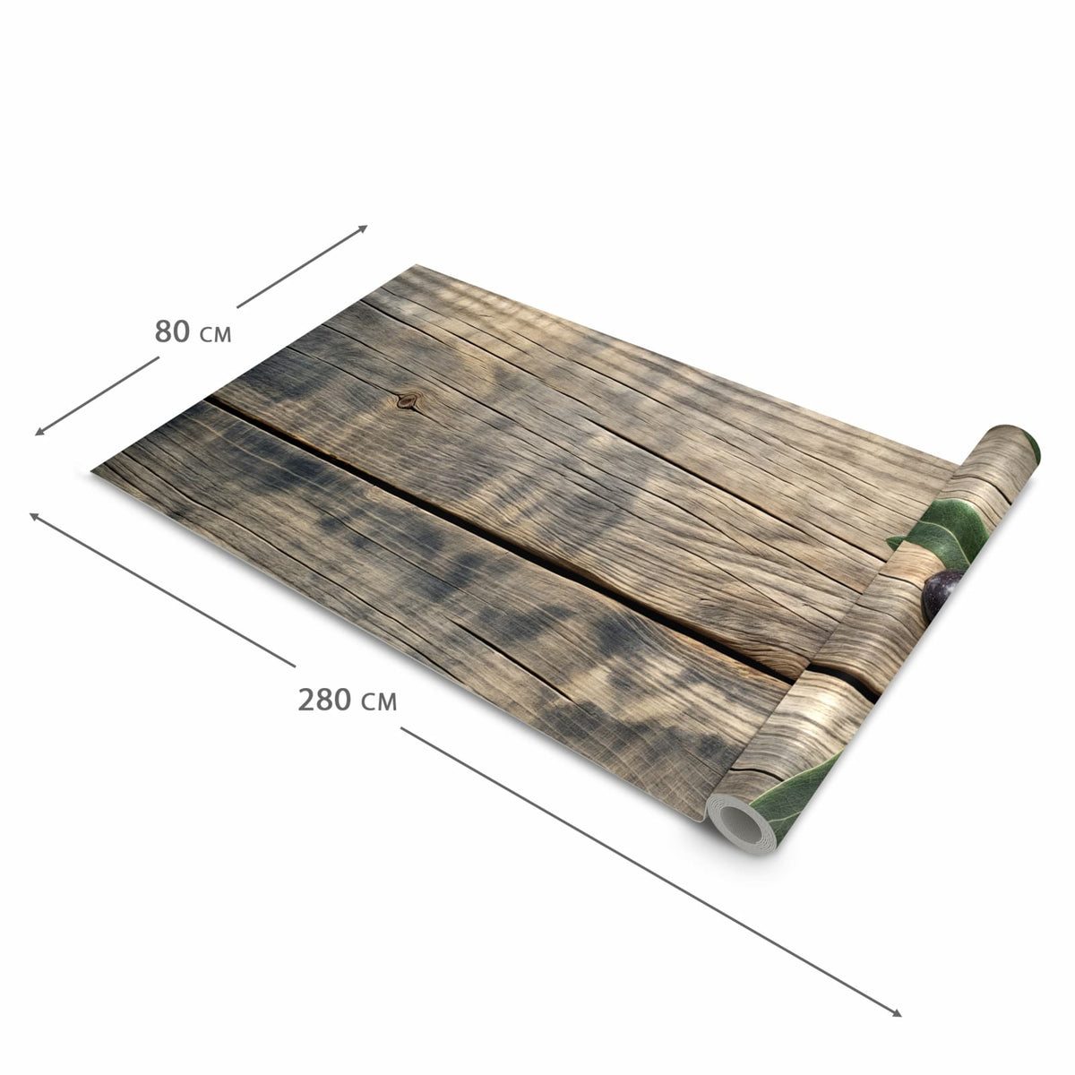 Langlebiger waschbarer Küchenläufer mit Motiv Holztisch mit Oliven in der Grösse 80x280 cm