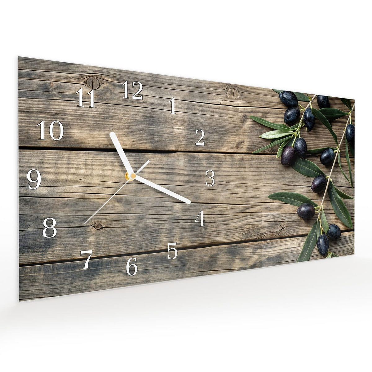 Vormontiert – mit Schwebeeffekt – Wanduhr Holztisch mit Oliven aus Glas – Querformat 60 × 30 cm