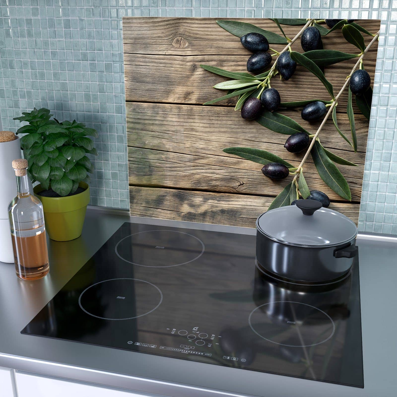 1-teilige Herdabdeckplatten aus Glas mit Holztisch mit Oliven-Motiv als Spritzschutz hinter dem Kochfeld