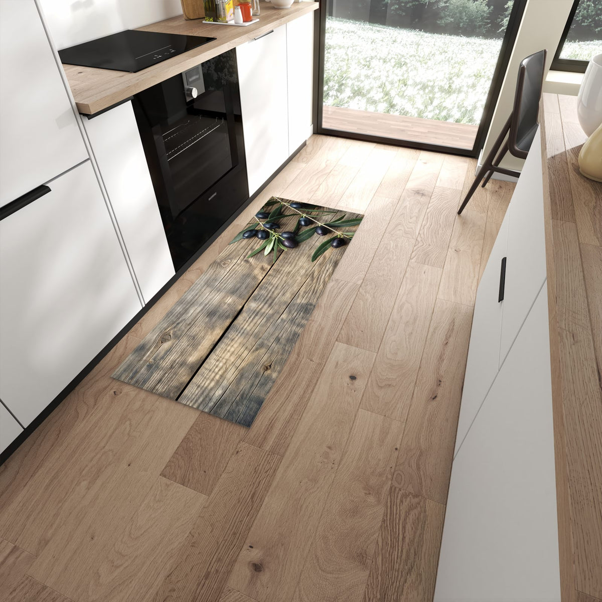 Geruchsneutraler rutschfester Küchenteppich mit Motiv Holztisch mit Oliven in moderner Küche #grösse_60 x 150 cm