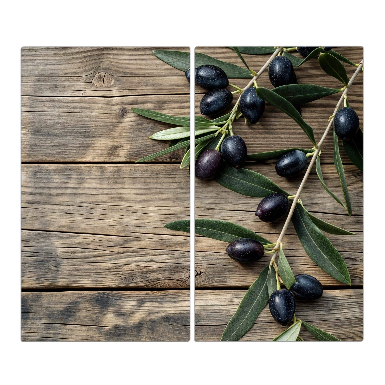2-teilige Abdeckung für Herdplatten mit Holztisch mit Oliven-Motiv in der Frontansicht #grösse_2-Teilig (60x52cm)