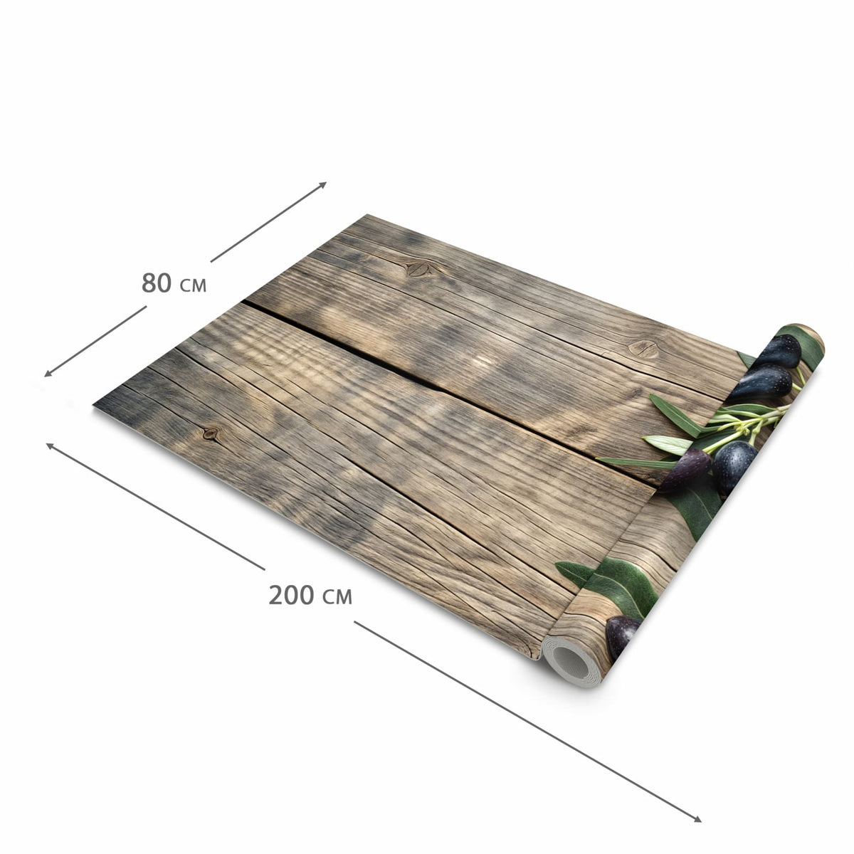 Schmutzabweisender rutschfester Küchenläufer mit Motiv Holztisch mit Oliven in der Größe 80x280 cm