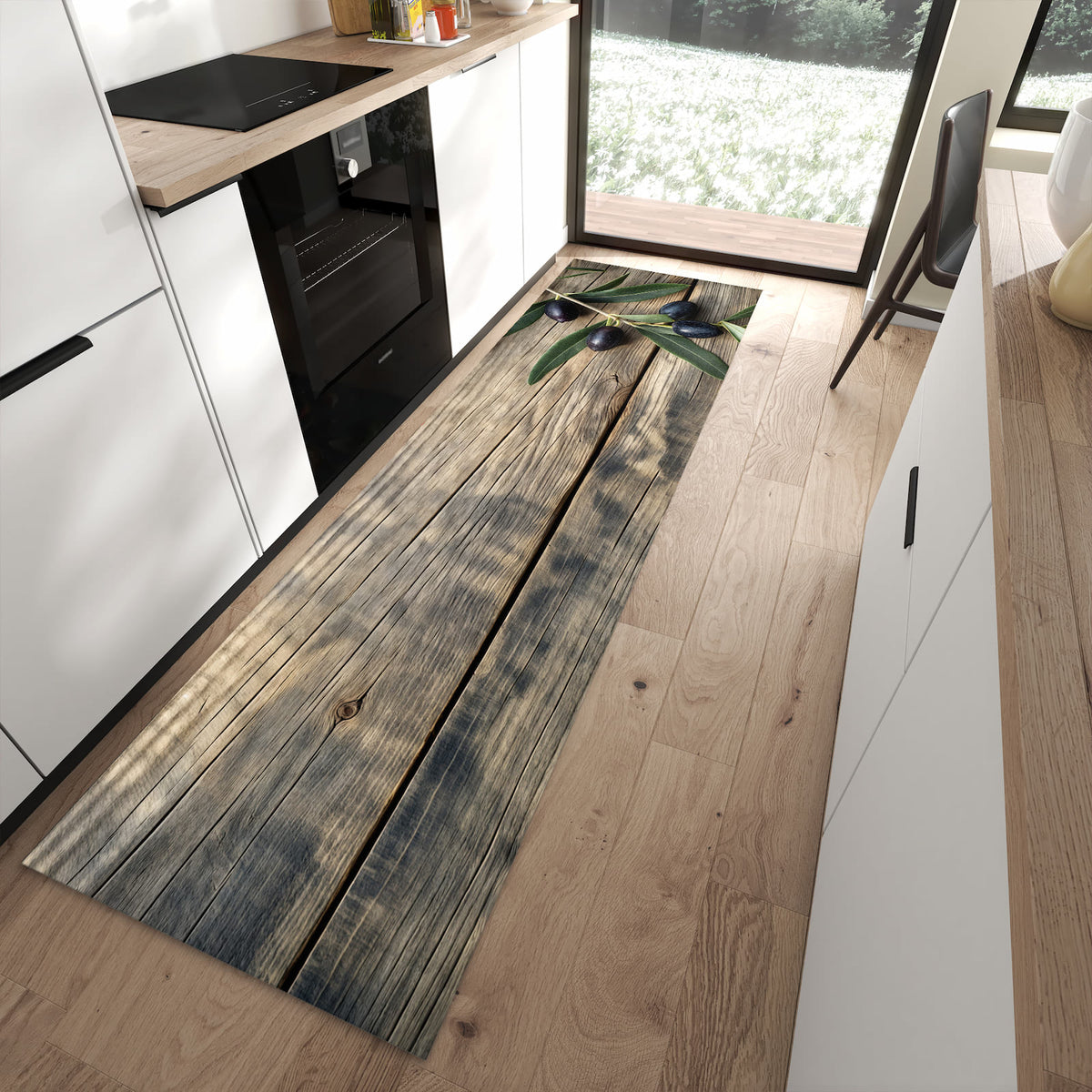 Hygienischer Küchenteppich mit Motiv Holztisch mit Oliven in moderner Küche - leicht waschbar