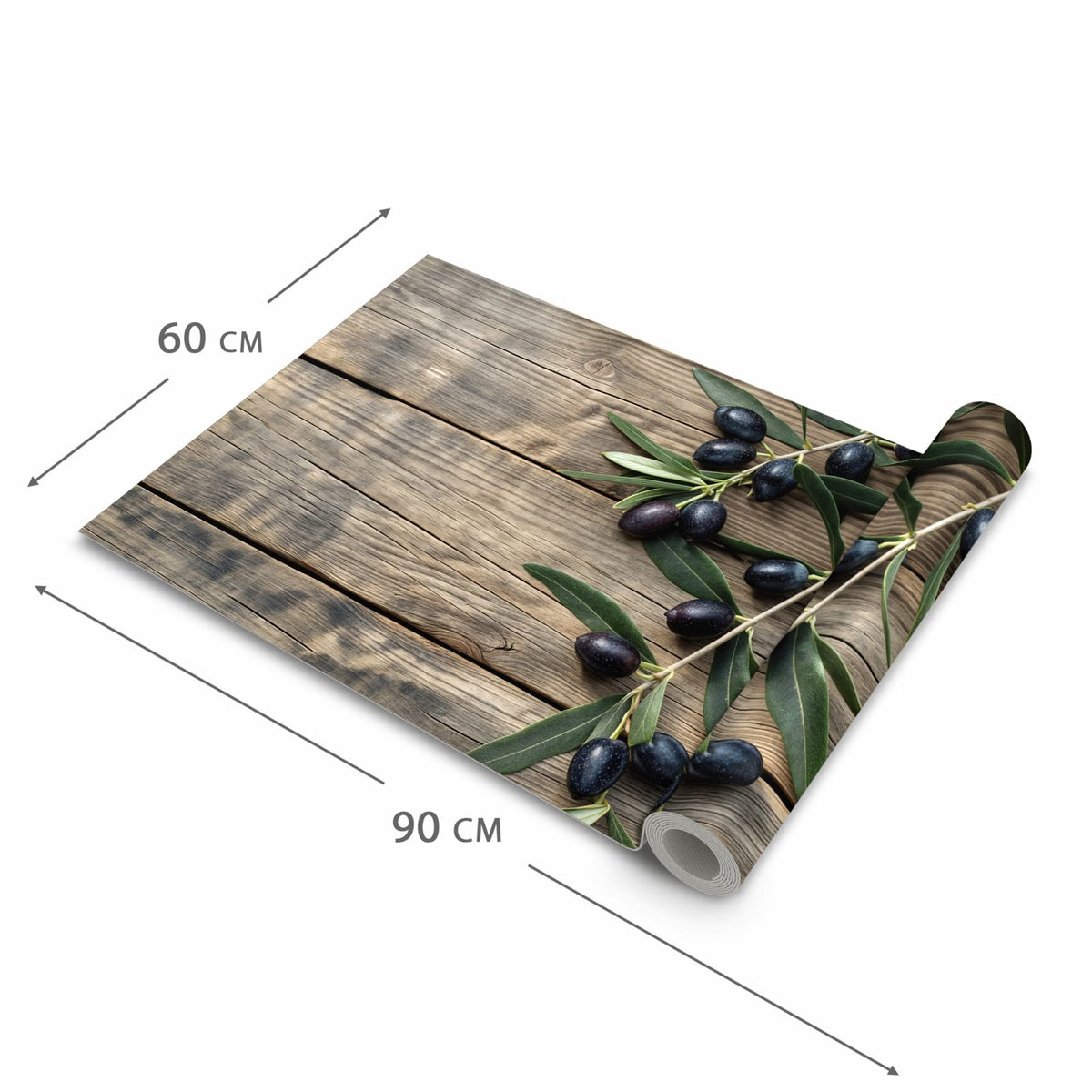 Fleckenresistenter rutschfester Küchenläufer mit Motiv Holztisch mit Oliven in der Größe 80x280 cm