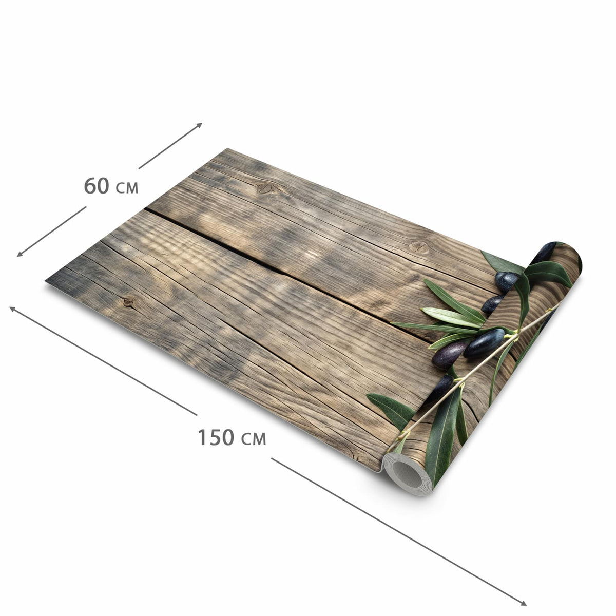Geräuschdämpfender rutschfester Küchenteppich mit Motiv Holztisch mit Oliven in der Grösse 80x280 cm