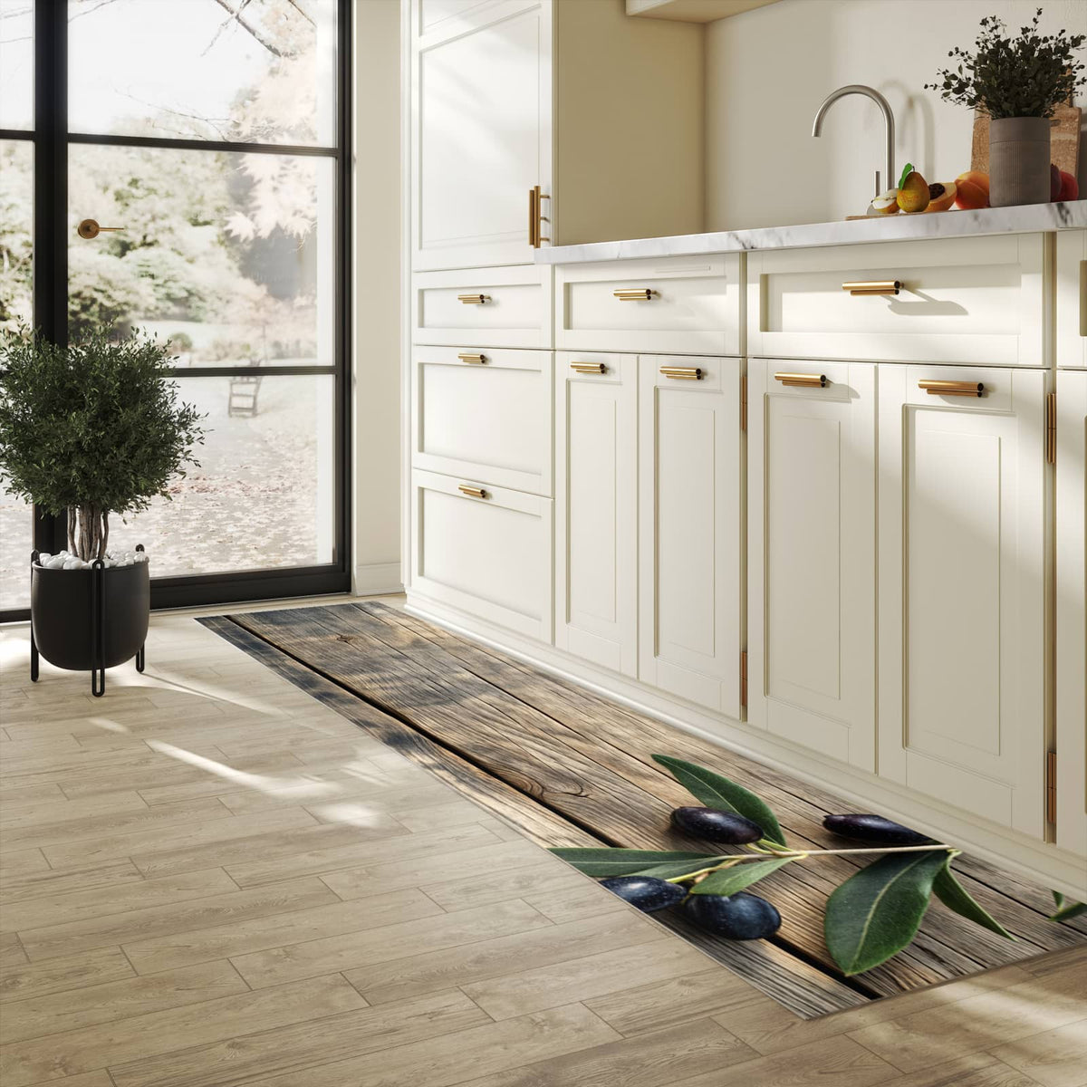 Bodenschonender Küchenteppich mit Motiv Holztisch mit Oliven in heller Küche
