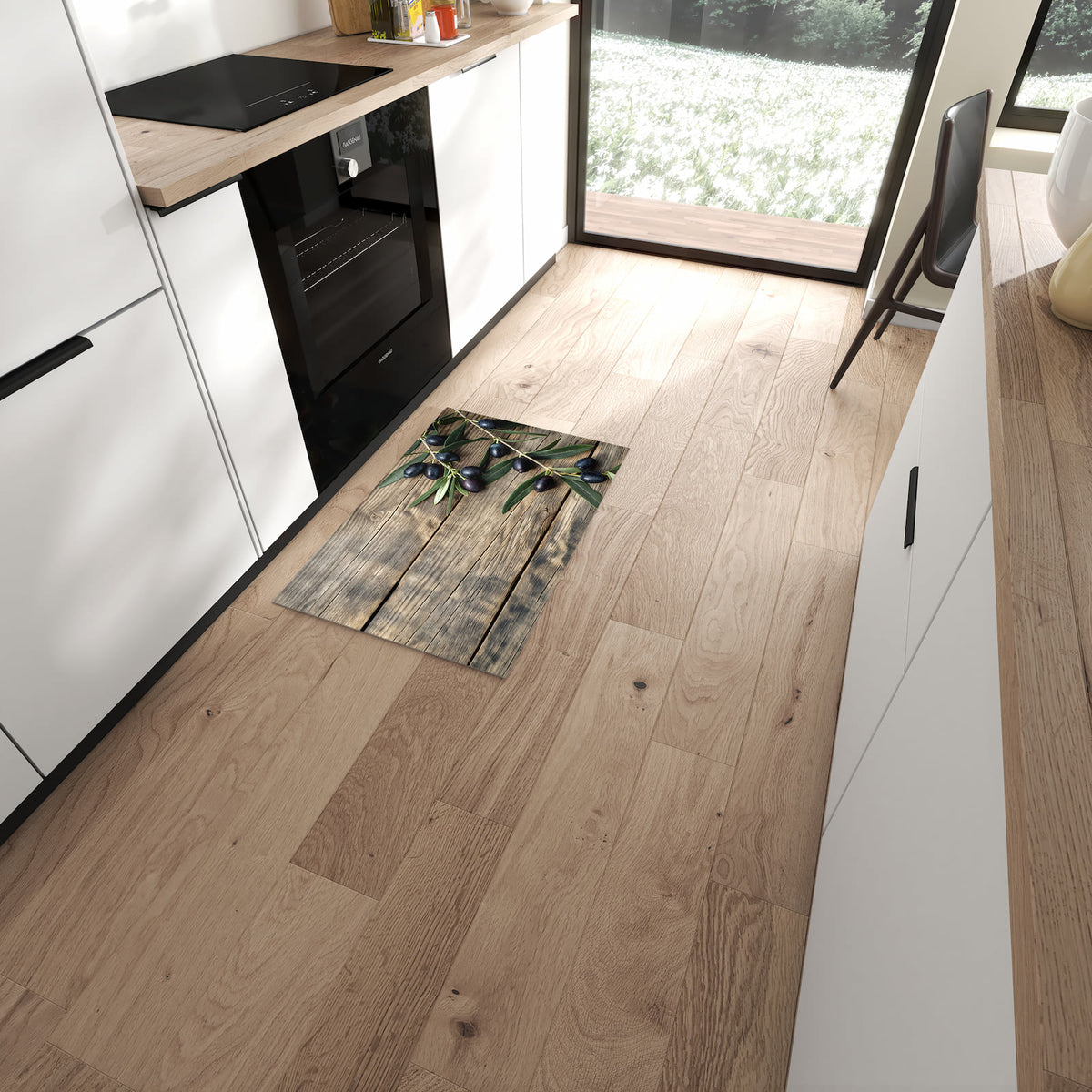 Rutschfester Küchenläufer mit Motiv Holztisch mit Oliven in moderner Küche