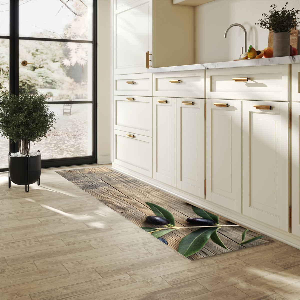 Küchenteppich mit Motiv Holztisch mit Oliven für Ordnung in heller Küche