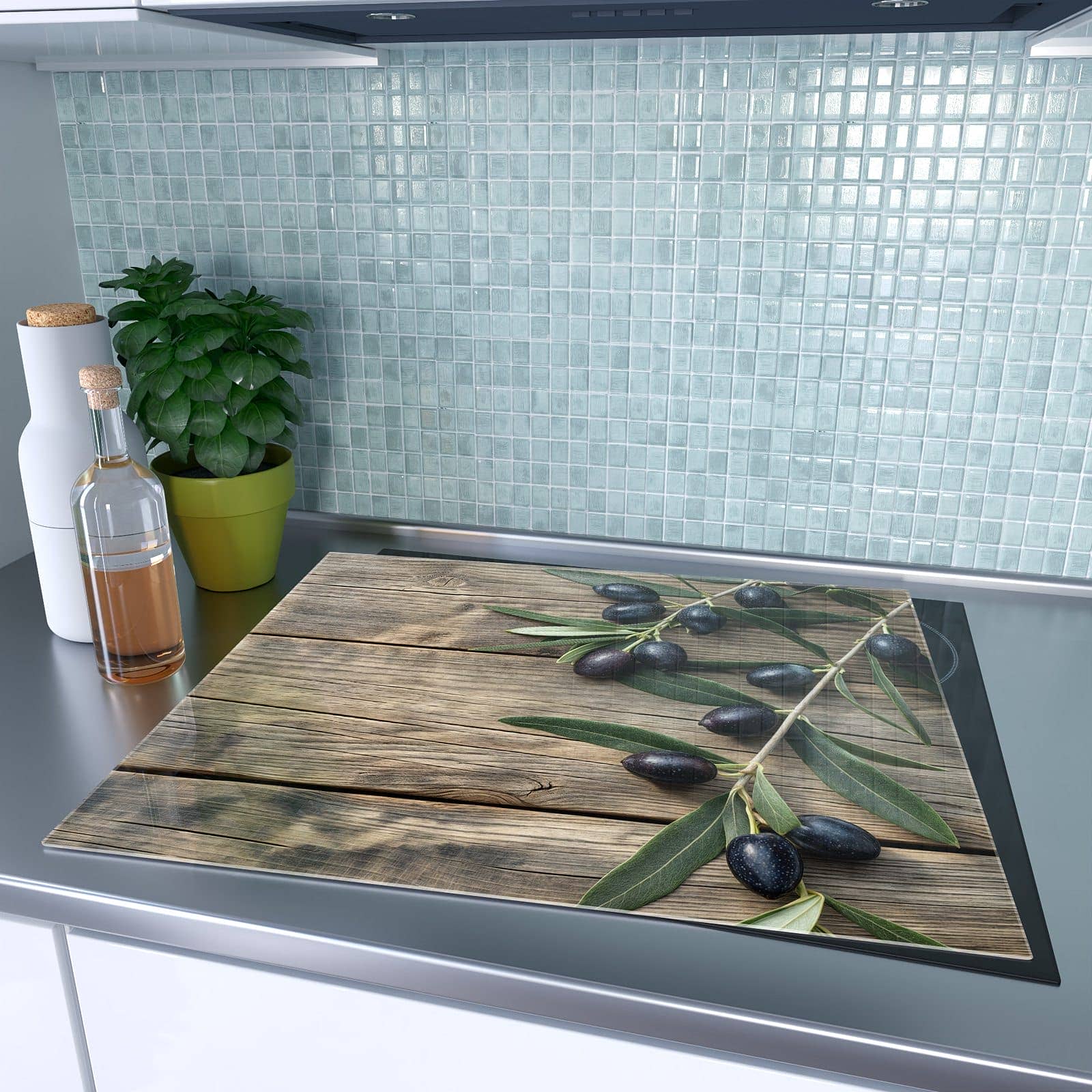 1-teilige Abdeckplatten für Ceranfeld mit Holztisch mit Oliven-Motiv auf dem Ceranfeld