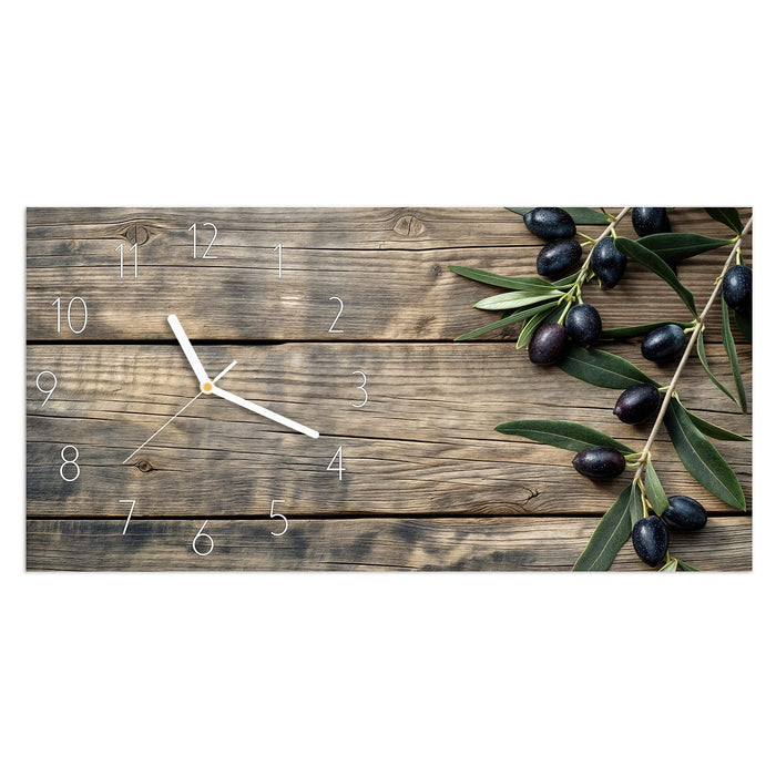 Wanduhr Holztisch mit Oliven aus Glas – Querformat 60 × 30 cm mit Ziffernblatt Elegant