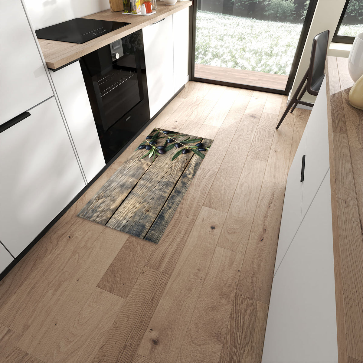 Schmutzabweisender Teppich für Esstisch mit Motiv Holztisch mit Oliven in moderner Küche #grösse_60 x 120 cm