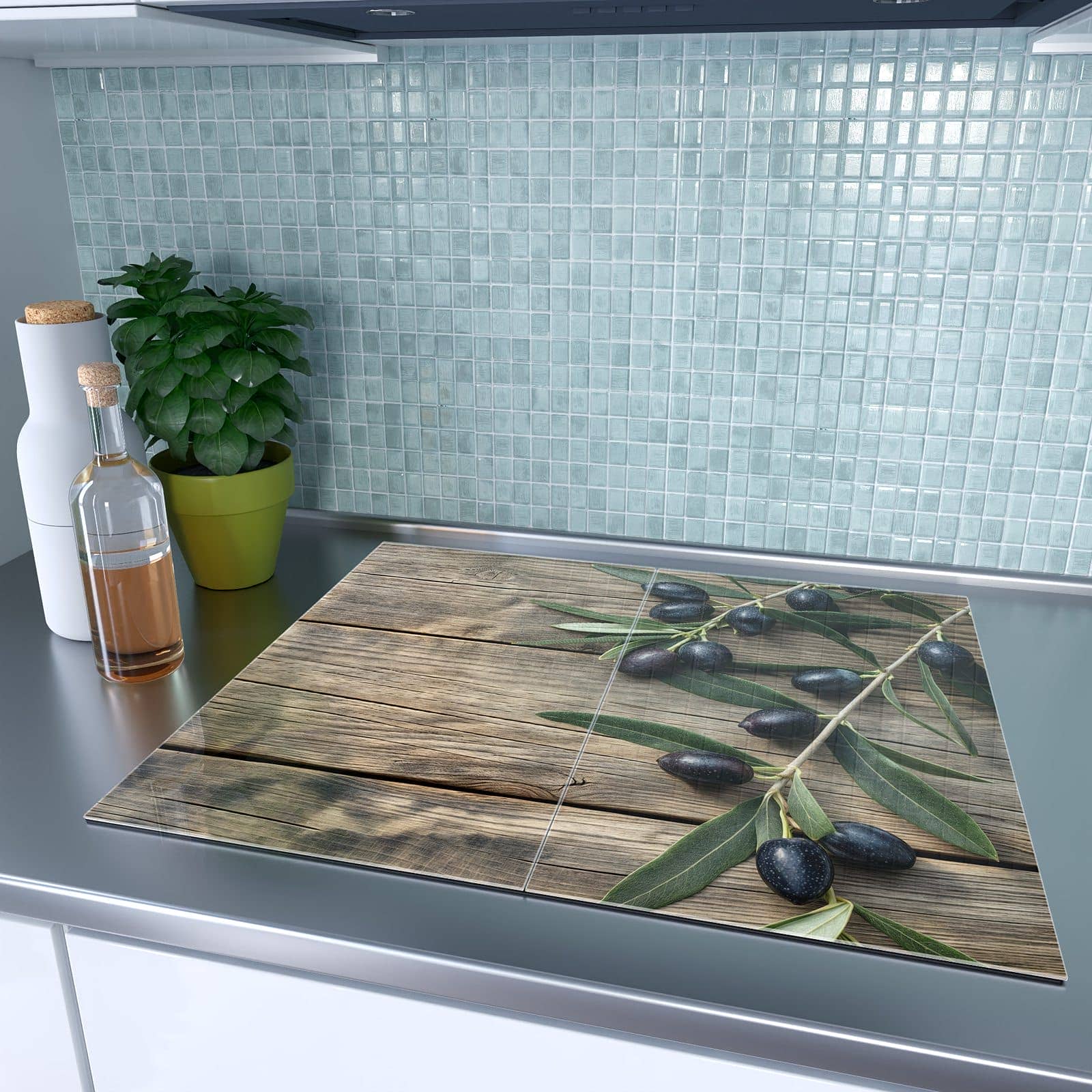 2-teilige Herdabdeckplatten für Ceranfeld mit Holztisch mit Oliven-Motiv in moderner Küche