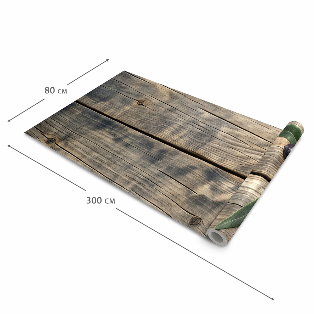 Flacher rutschfester Küchenläufer mit Motiv Holztisch mit Oliven in der Grösse 80x280 cm