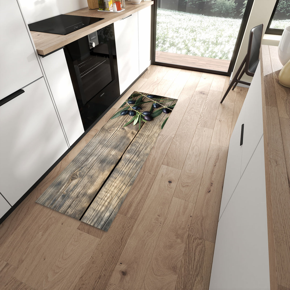 Langlebiger Bodenläufer mit Motiv Holztisch mit Oliven in moderner Küche