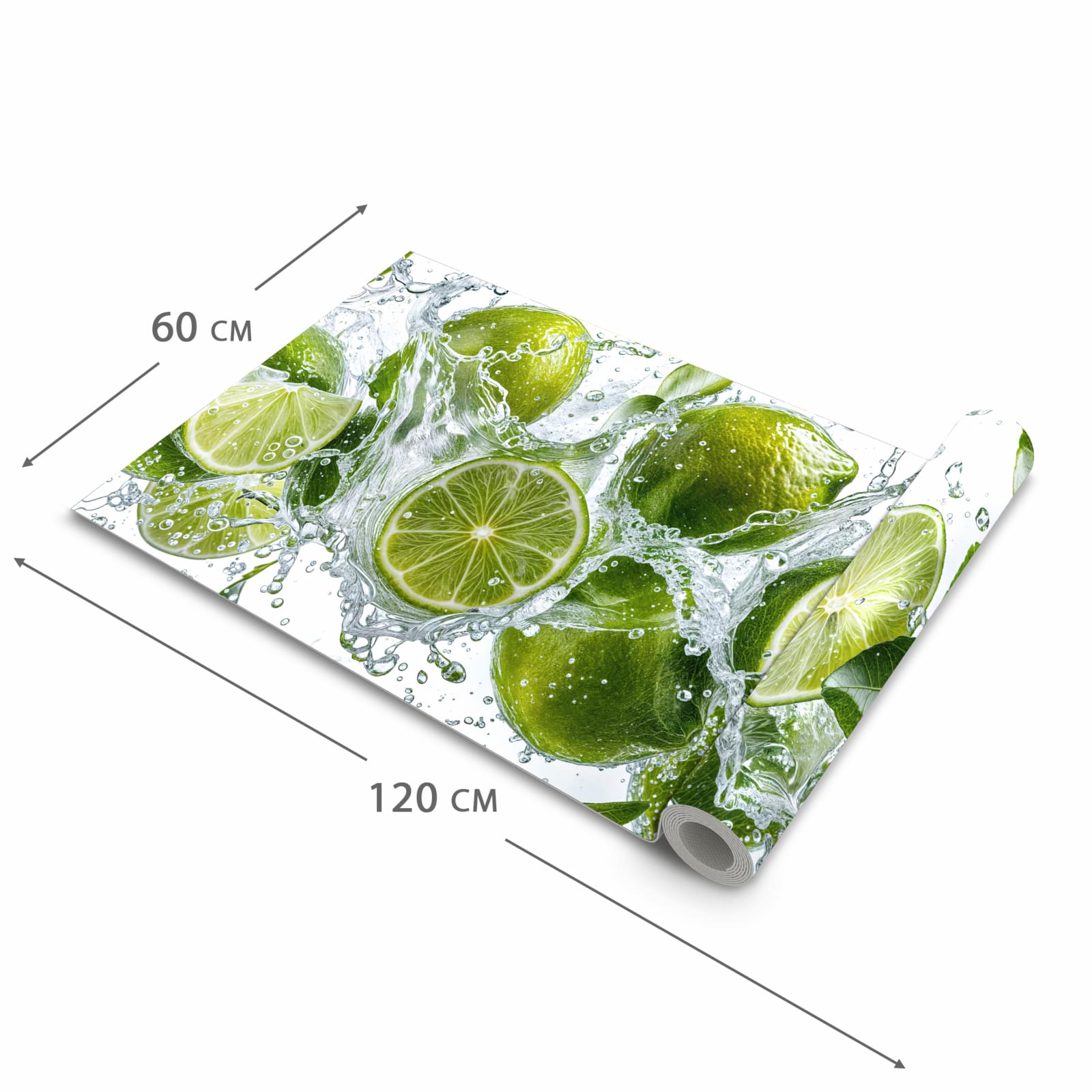Waschbarer dünner Küchenteppich mit Motiv Spritzige Limetten in der Grösse 80x250 cm