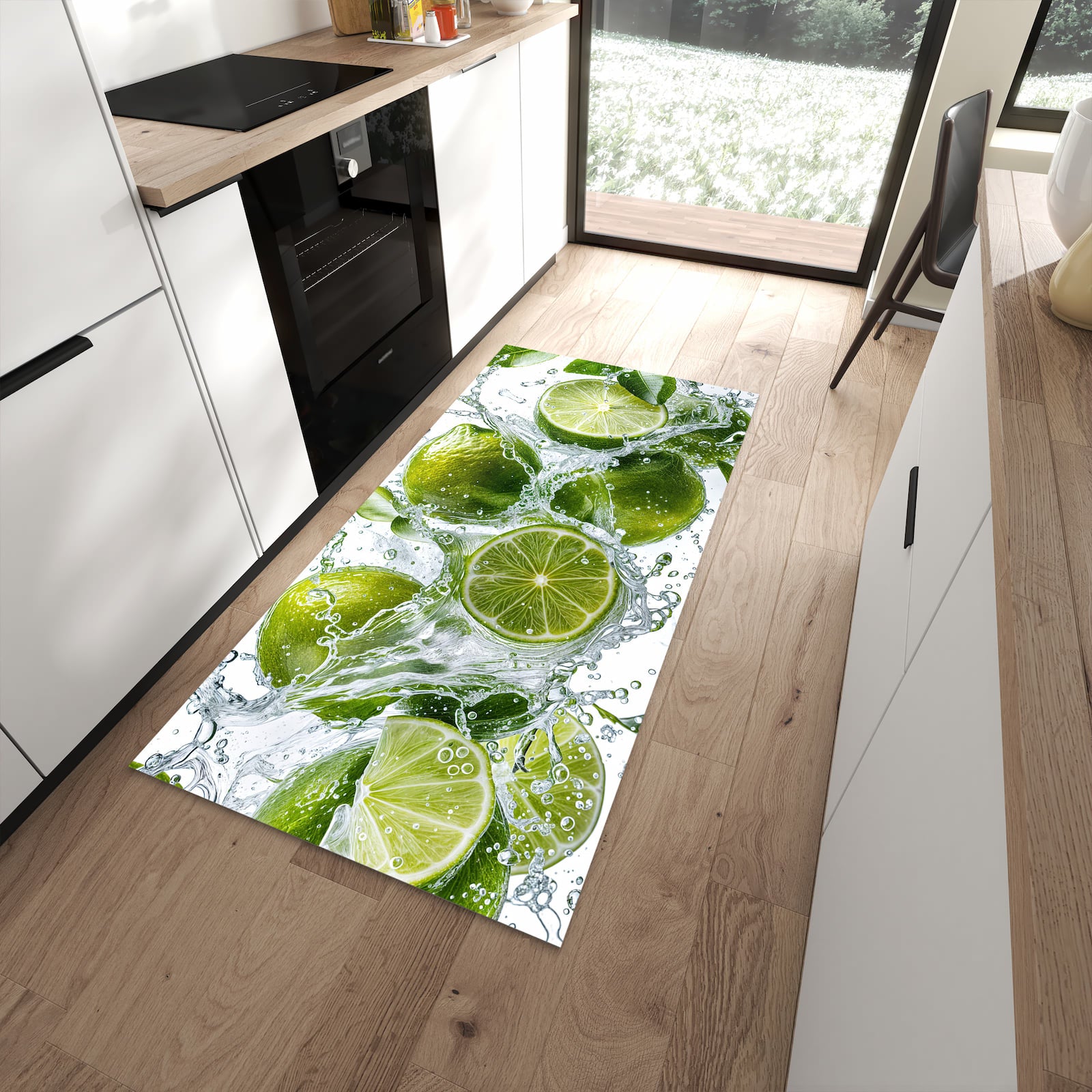 Waschbarer dünner Küchenteppich mit Motiv Spritzige Limetten in moderner Küche