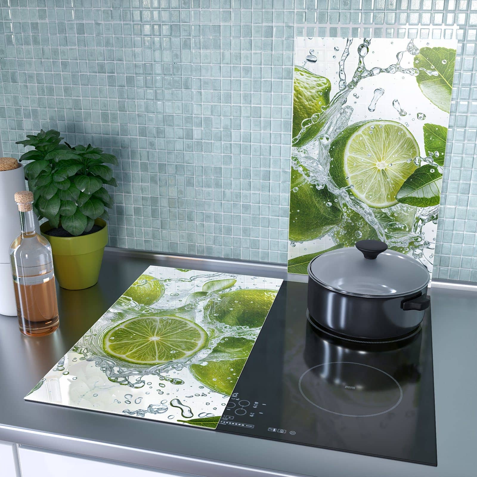 2-teilige Herdabdeckplatten für Ceranfeld mit Spritzige Limetten-Motiv als Spritzschutz hinter dem Kochfeld