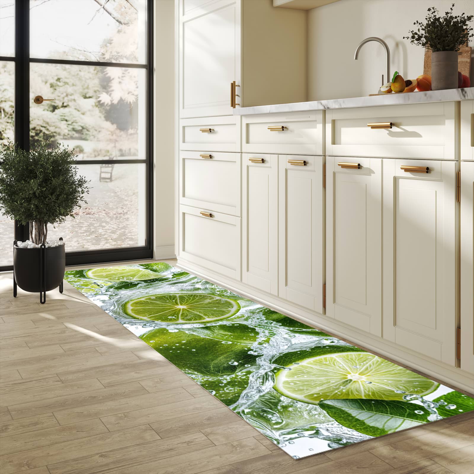 Hygienischer moderner Küchenläufer mit Motiv Spritzige Limetten in heller Küche