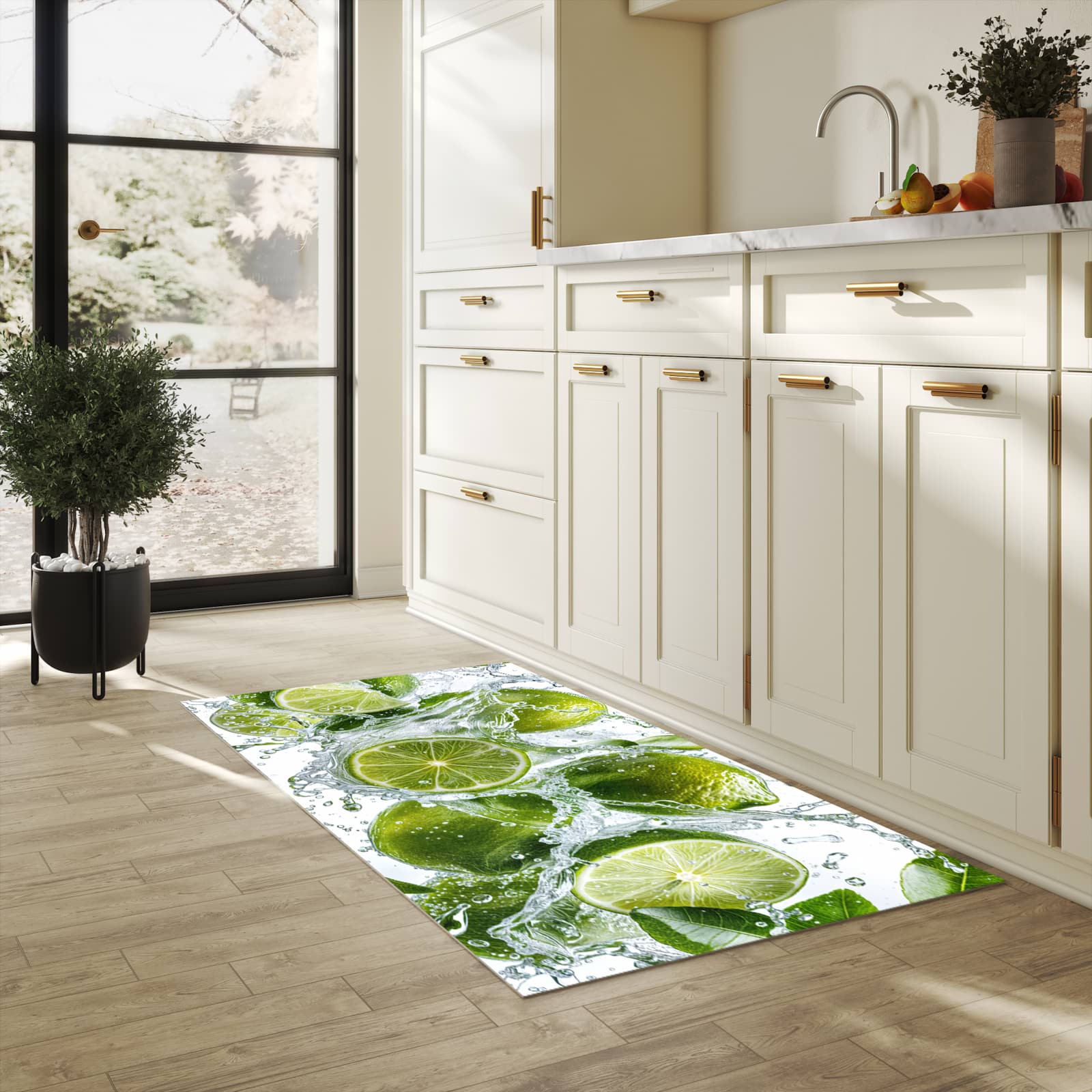 Strapazierfähiger abwaschbarer Küchenläufer mit Motiv Spritzige Limetten in heller Küche