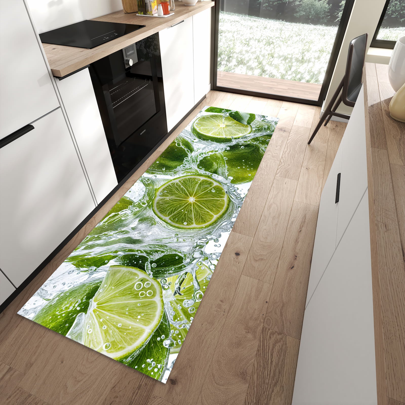 Abriebfester rutschfester Läufer mit Motiv Spritzige Limetten in moderner Küche