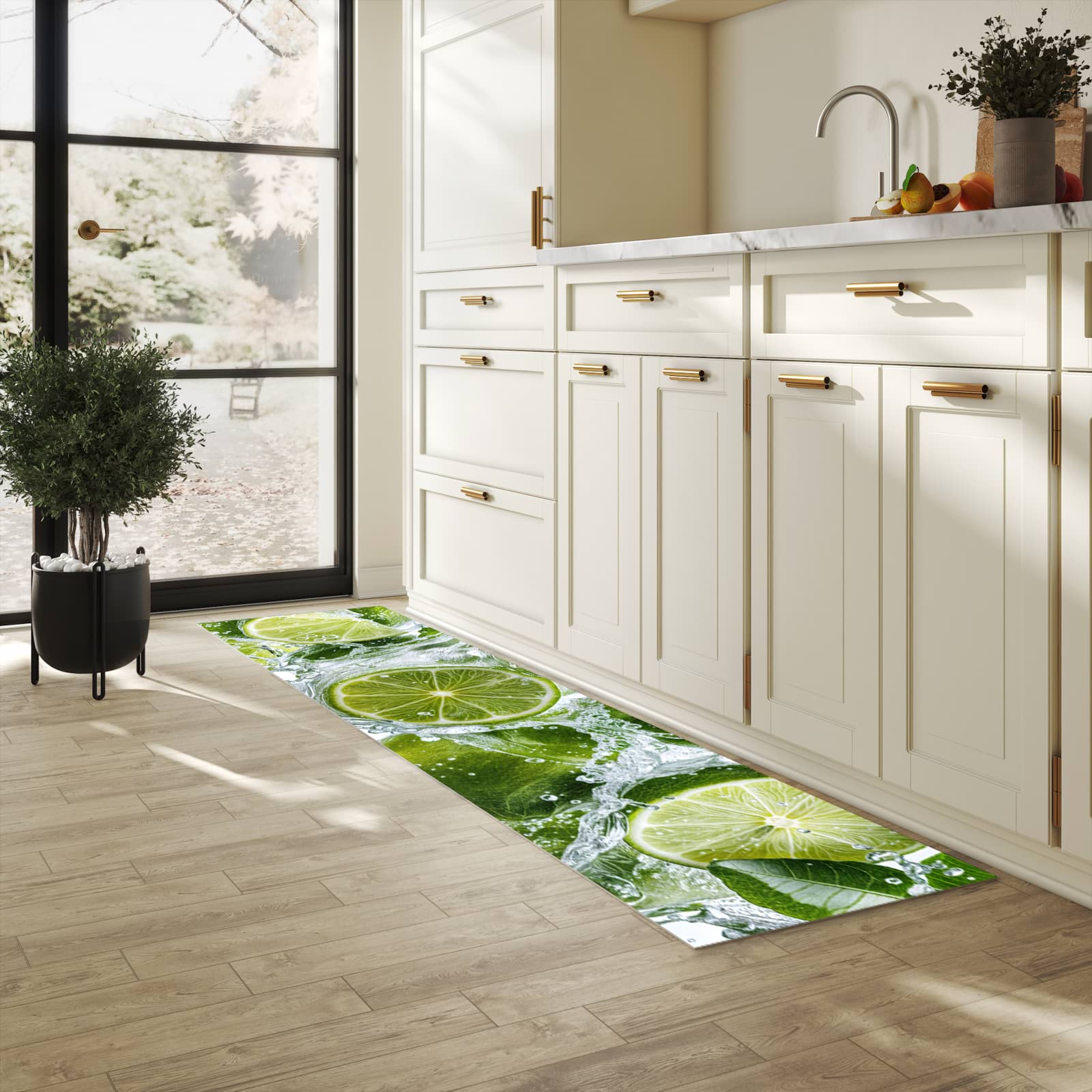Flacher rutschfester Küchenläufer mit Motiv Spritzige Limetten in heller Küche