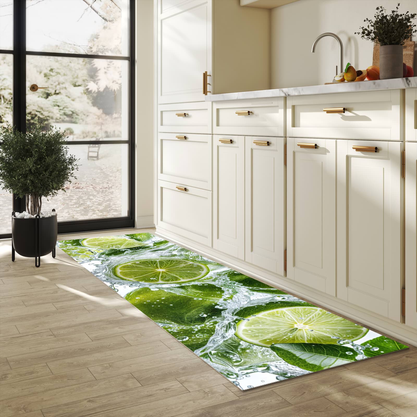 Waschbarer Küchenläufer mit Motiv Spritzige Limetten in heller Küche für angenehme Haptik
