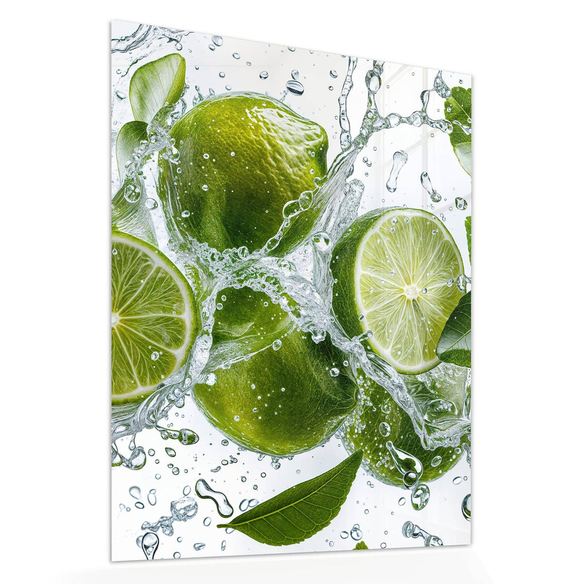 Echtglas, 4 mm – kein Acryl, keine Folie – Wandbild - Limetten mit Blättern - Hochformat