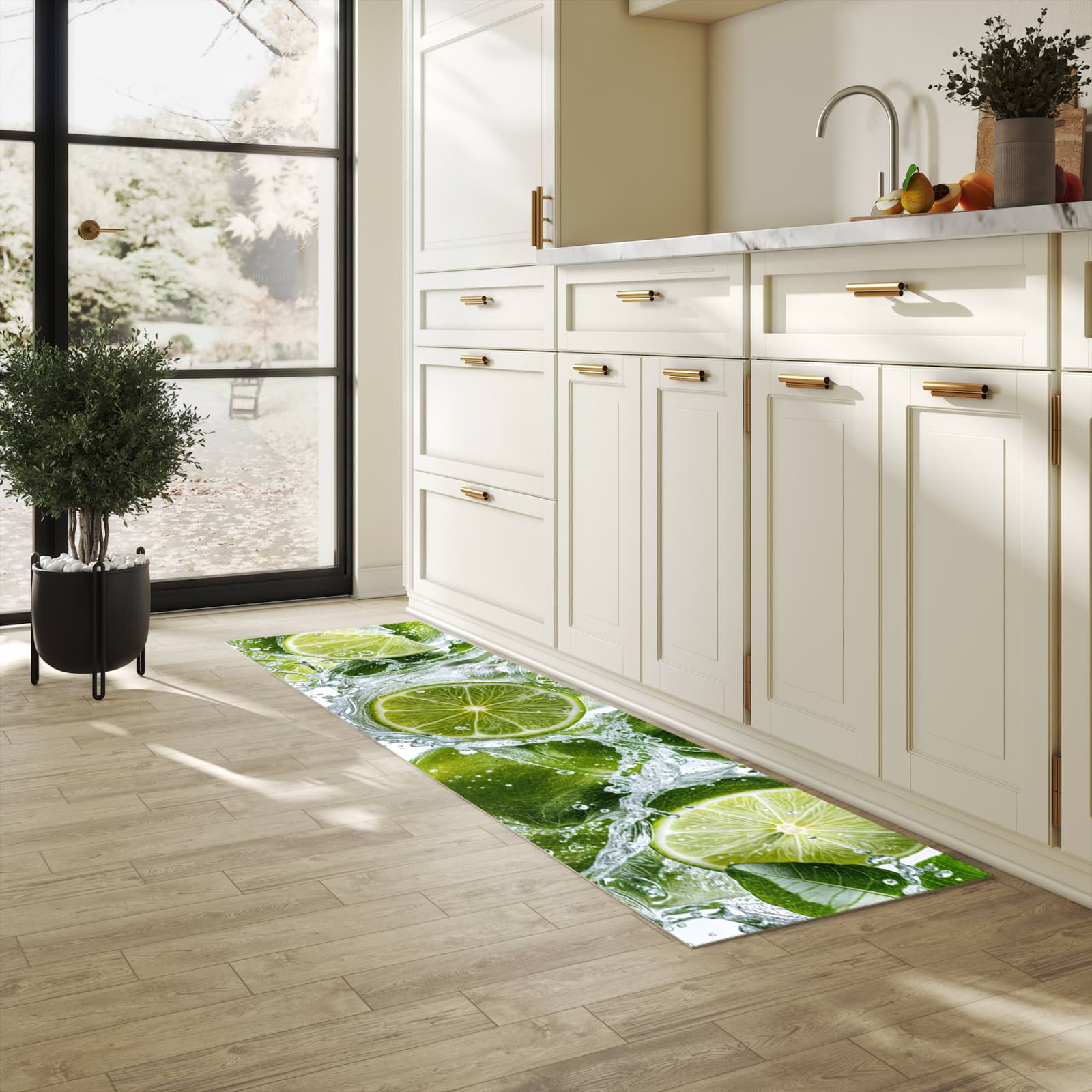 Langlebiger rutschfester Küchenläufer mit Motiv Spritzige Limetten in heller Küche