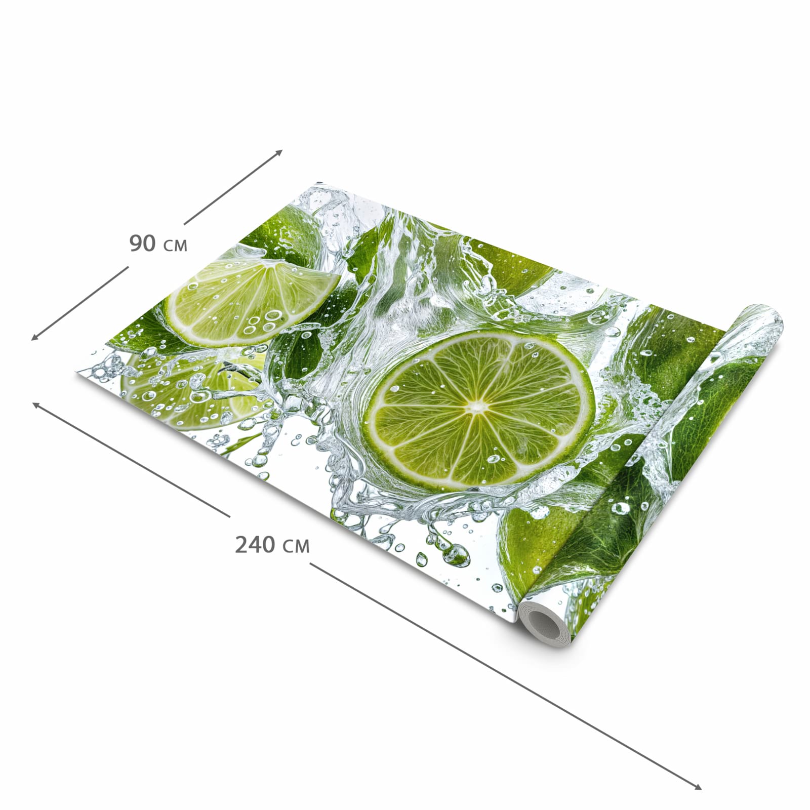 Waschbarer Küchenteppich mit Motiv Spritzige Limetten in der Grösse 80x280 cm für sichere Aufbewahrung