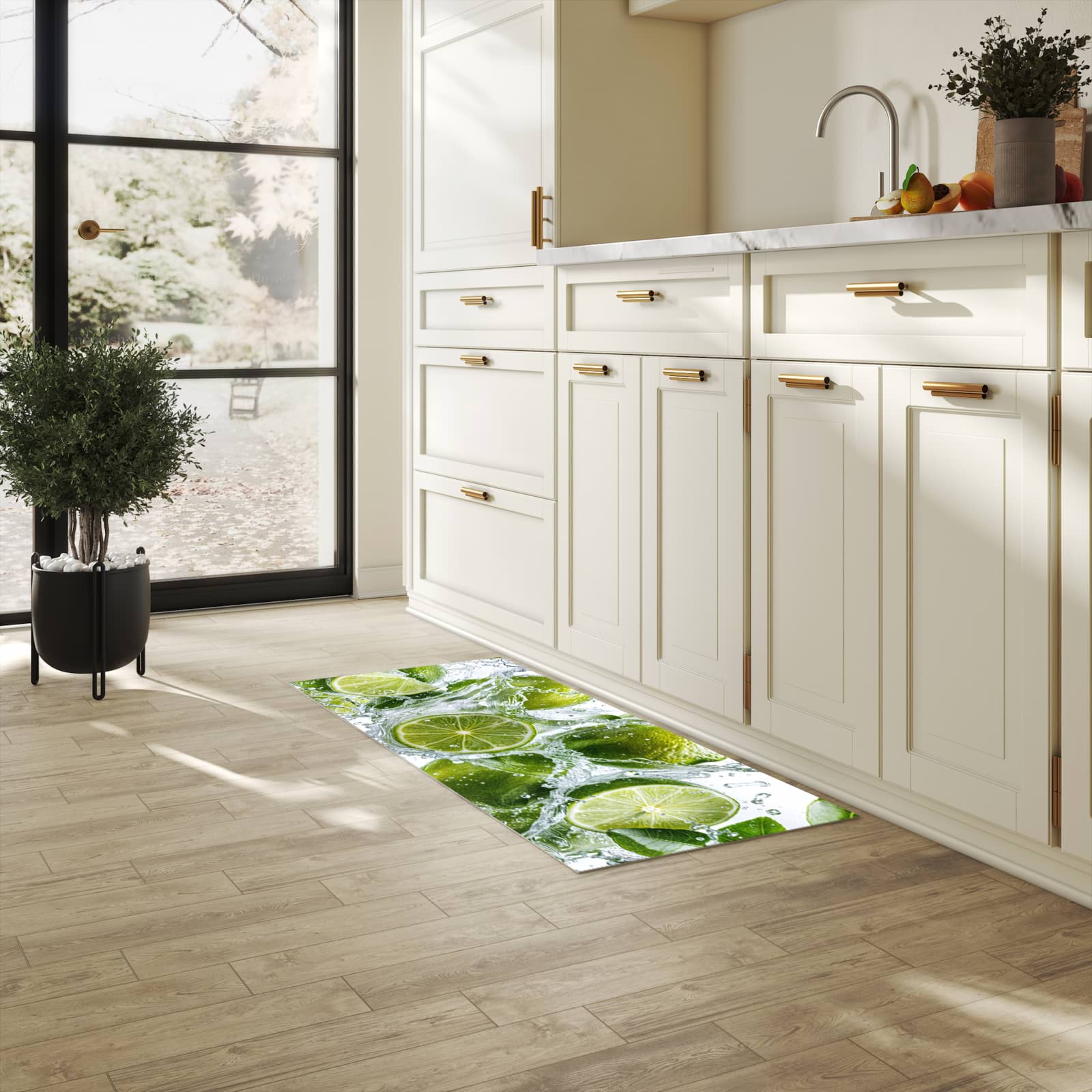 Schmutzabweisender Küchenläufer mit Motiv Spritzige Limetten in heller Küche