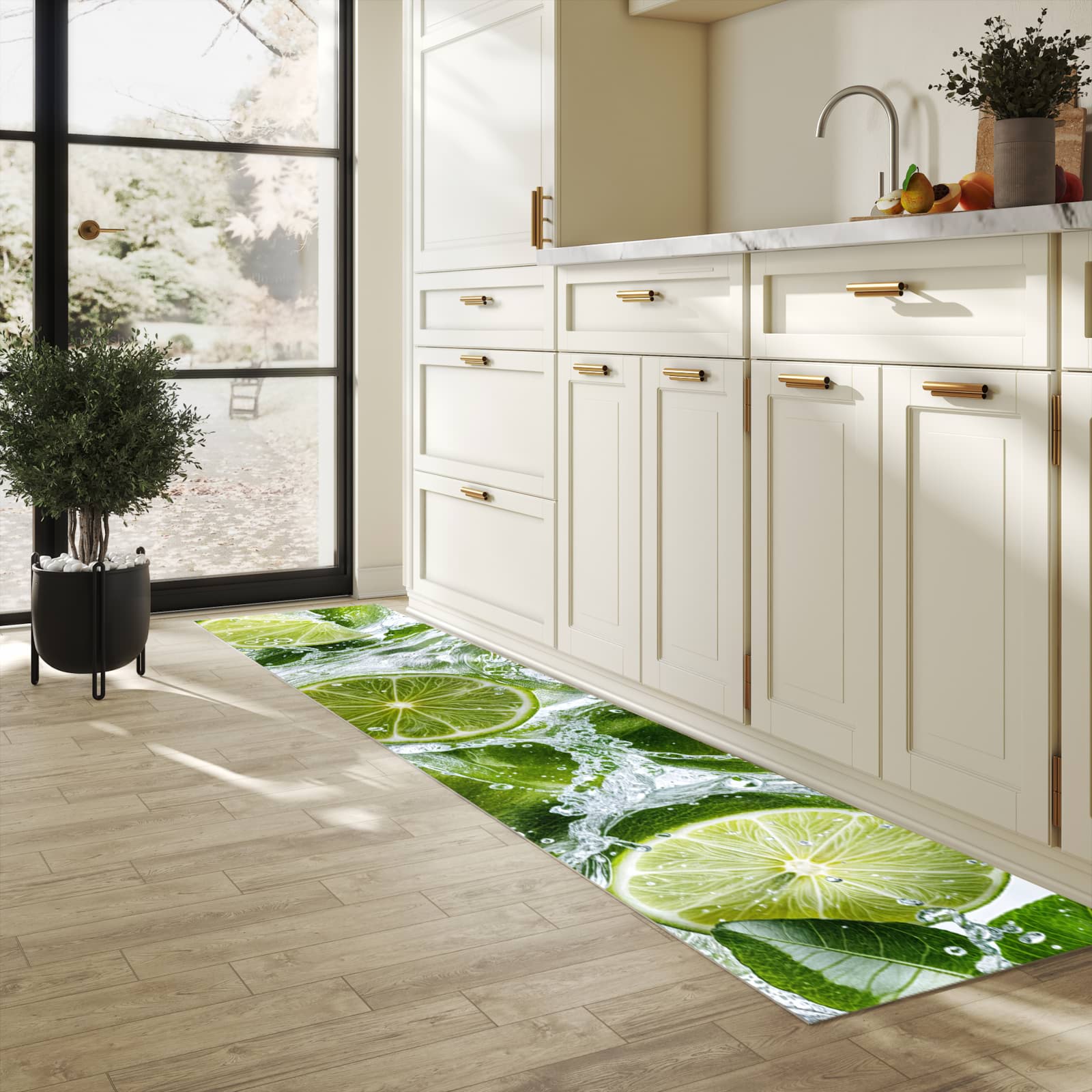 Pflegeleichter waschbarer Küchenläufer mit Motiv Spritzige Limetten in heller Küche