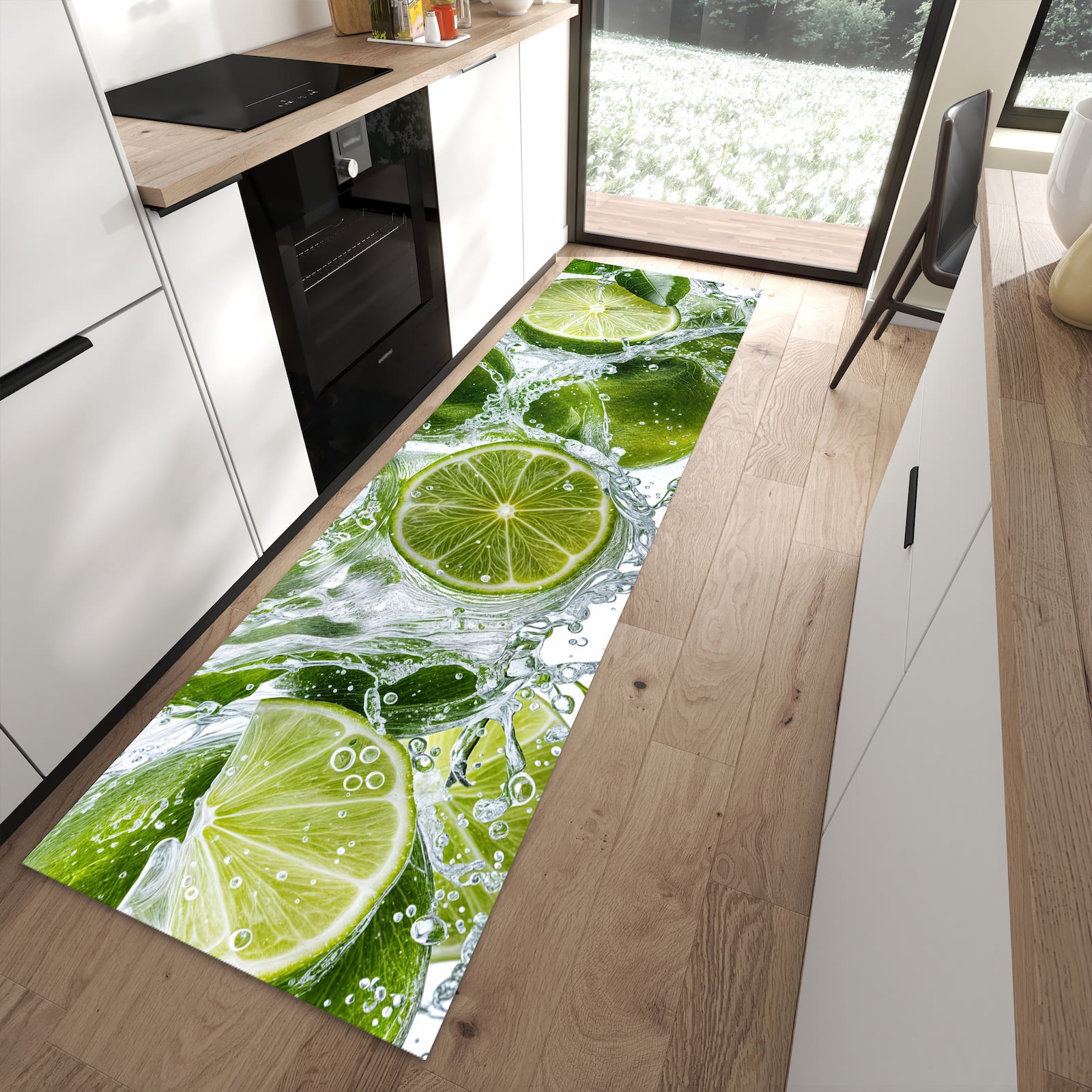 UV-beständiger dünner Teppich mit Motiv Spritzige Limetten in moderner Küche