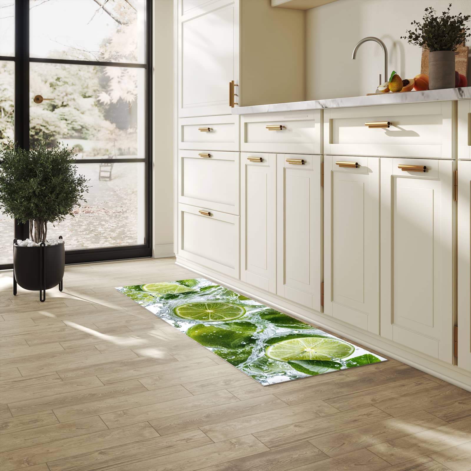 Geruchsneutraler rutschfester Küchenläufer mit Motiv Spritzige Limetten in heller Küche