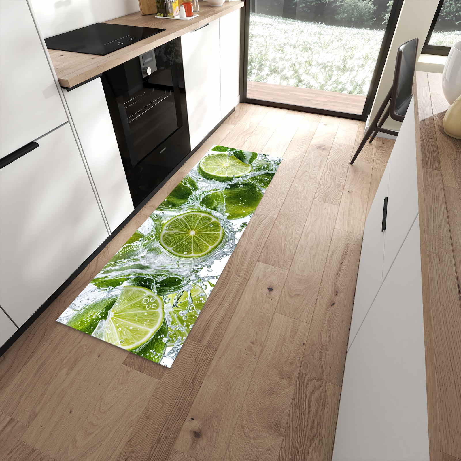 Bodenschonender Küchenläufer mit Motiv Spritzige Limetten in moderner Küche