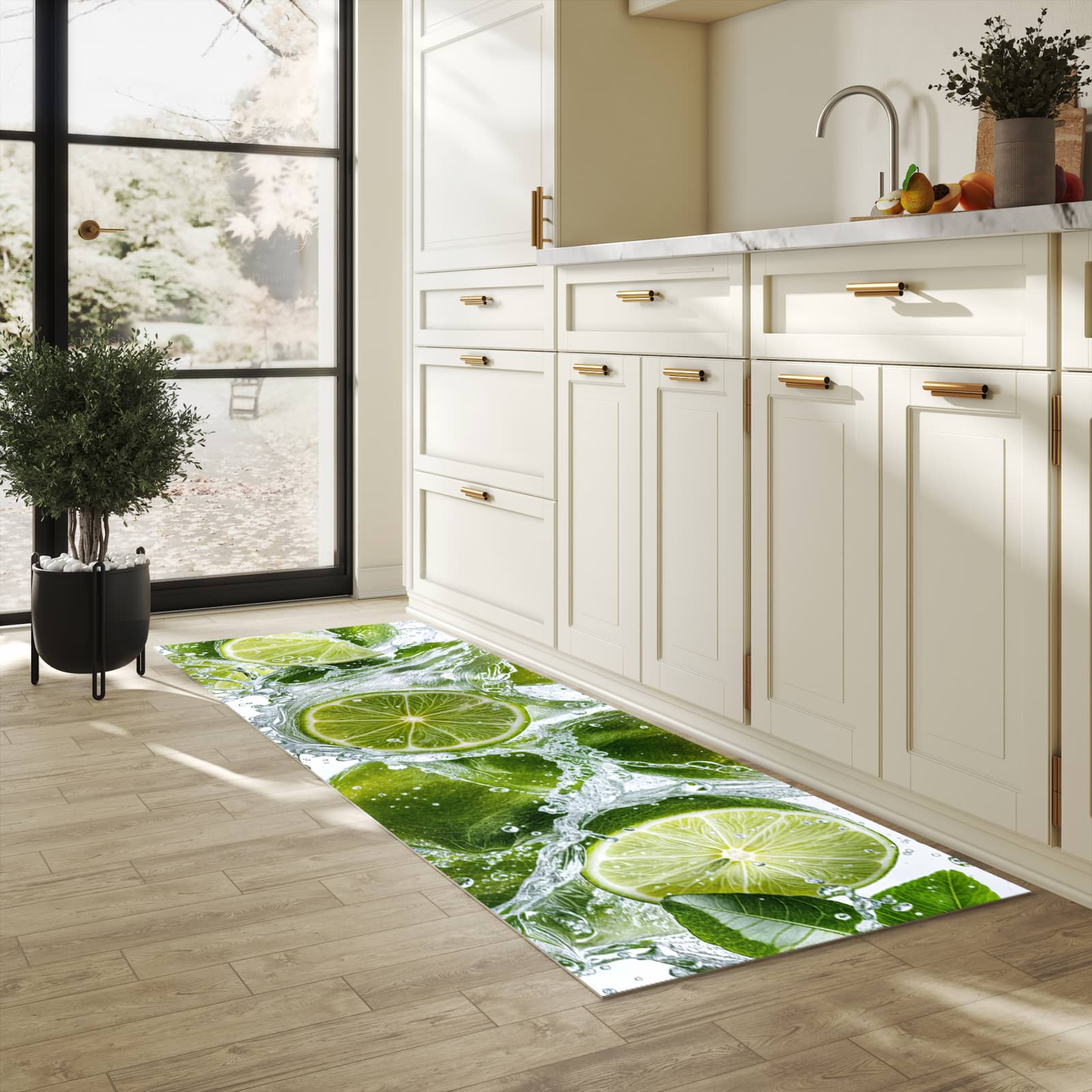 Pflegeleichter Küchenläufer nach Maß mit Motiv Spritzige Limetten in heller Küche
