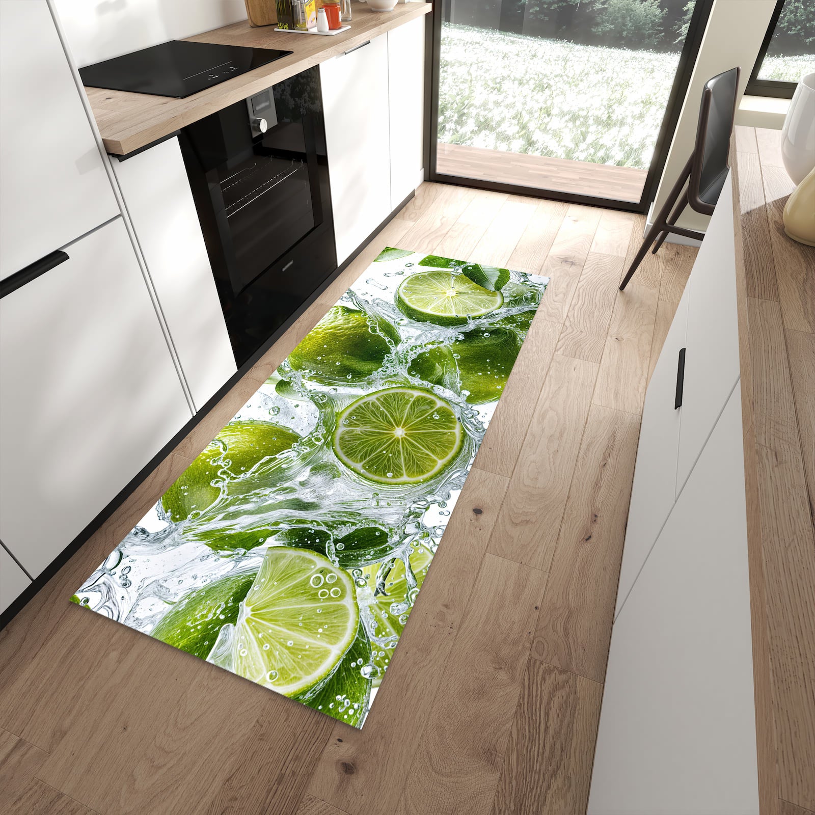 Geräuschdämpfender Läufer mit Motiv Spritzige Limetten für Eingangsbereich in moderner Küche