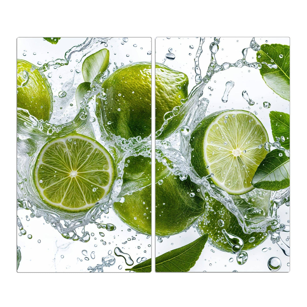 Ganze Limetten und Scheiben mit grünen Blättern in einem Wasserspritzer