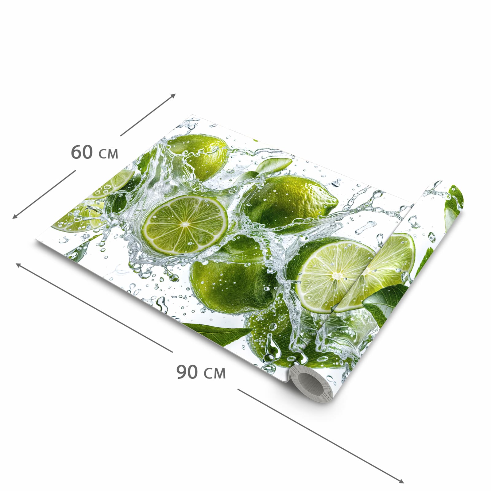 Feuchtigkeitsresistenter Küchenteppich mit Motiv Spritzige Limetten in der Grösse 80x250 cm