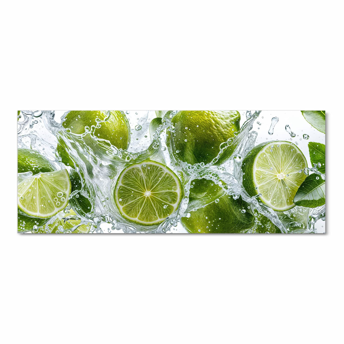 Ganze Limetten und Scheiben mit grünen Blättern in einem Wasserspritzer