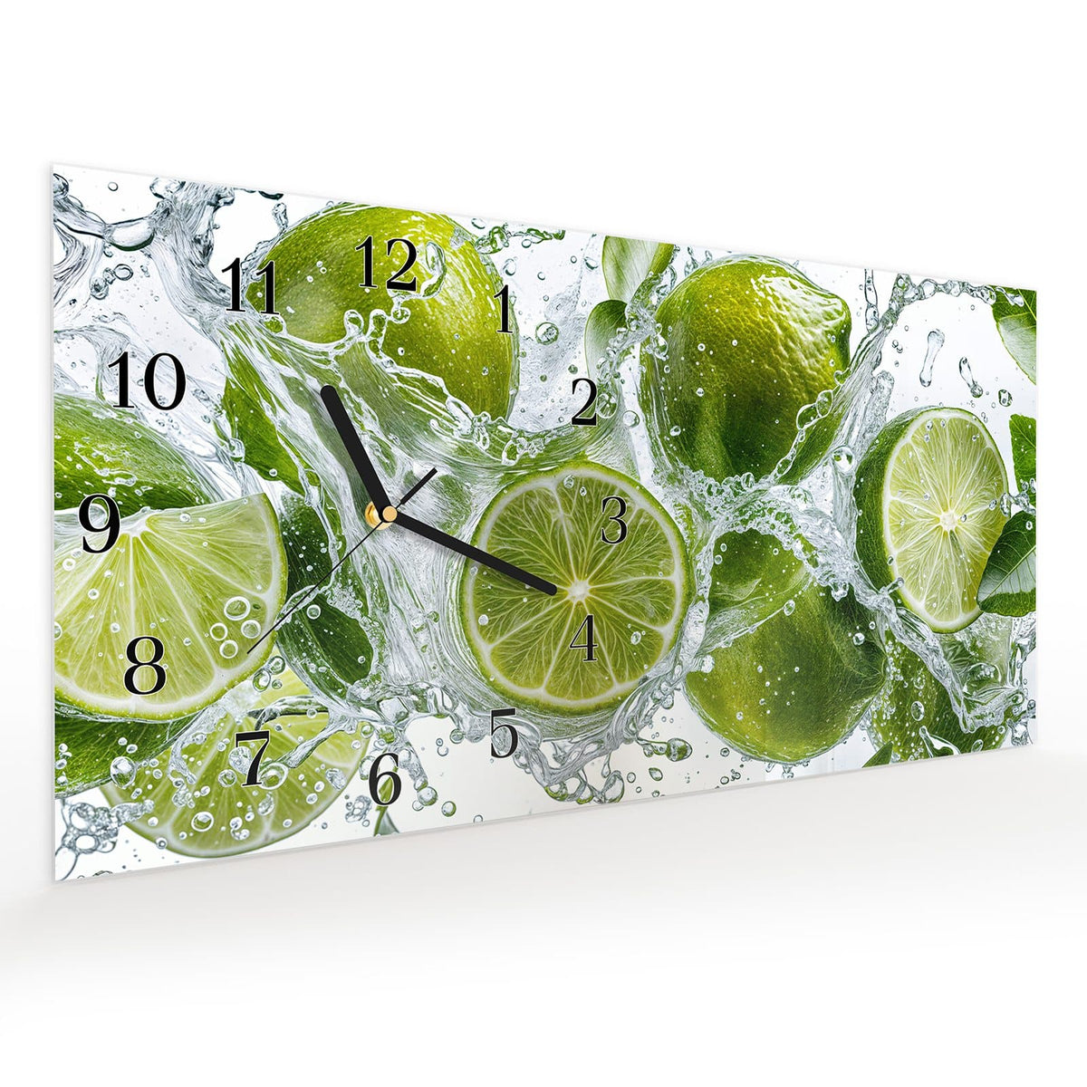 Vormontiert – mit Schwebeeffekt – Wanduhr Spritzige Limetten aus Glas – Querformat 60 × 30 cm