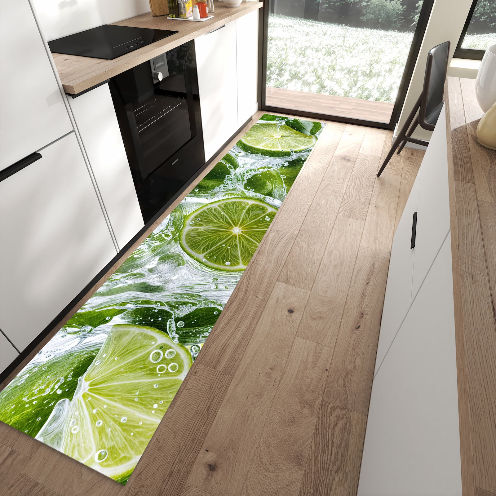 Waschbarer Küchenläufer mit Motiv Spritzige Limetten in moderner Küche für sichere Aufbewahrung