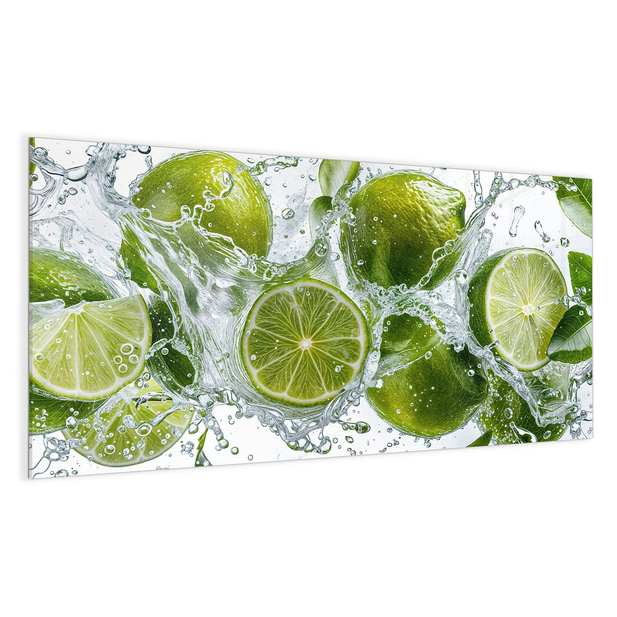 Ganze Limetten und Scheiben mit grünen Blättern in einem Wasserspritzer