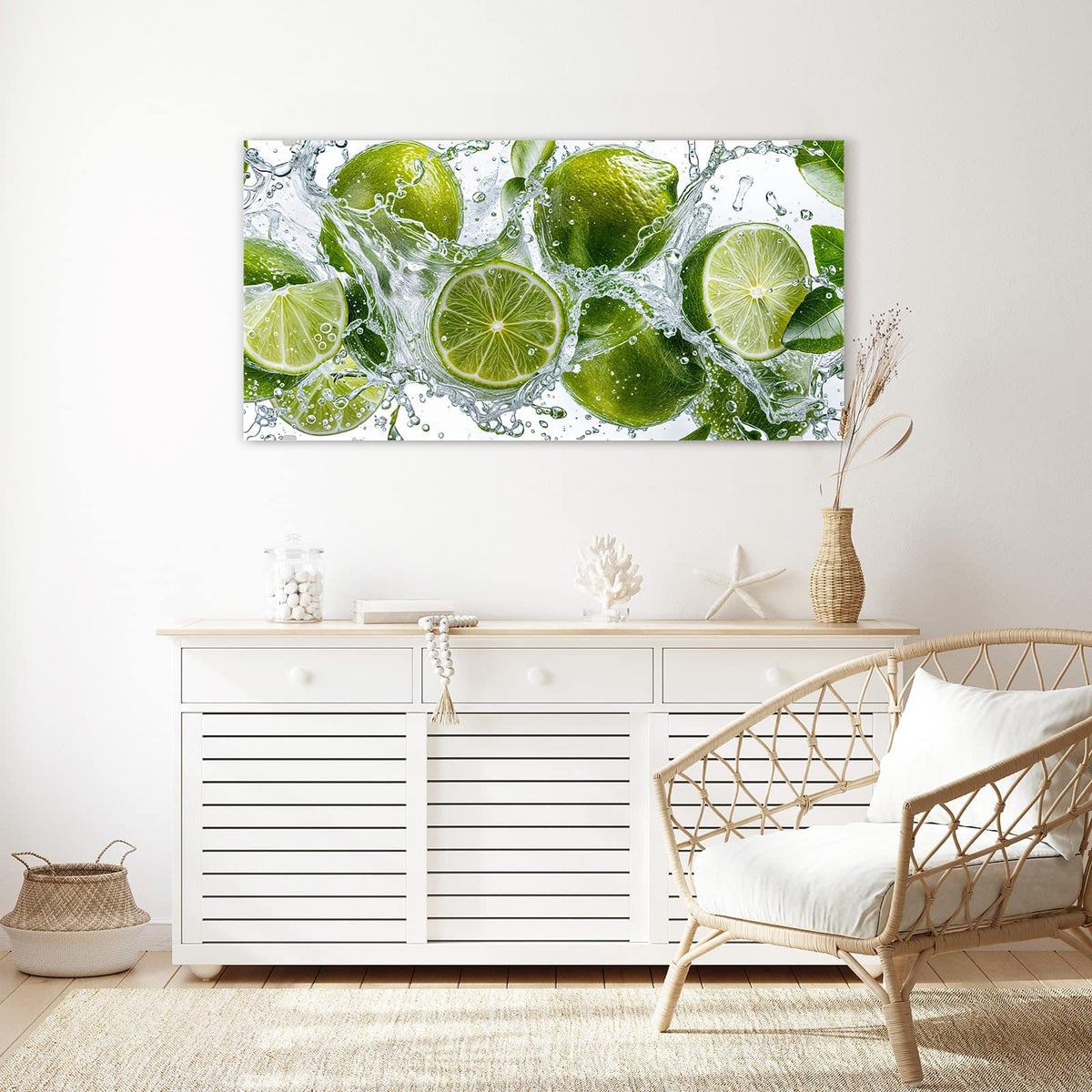 Echtglas, 4 mm – kein Acryl, keine Folie – Wandbild - Limetten mit Blättern - Querformat
