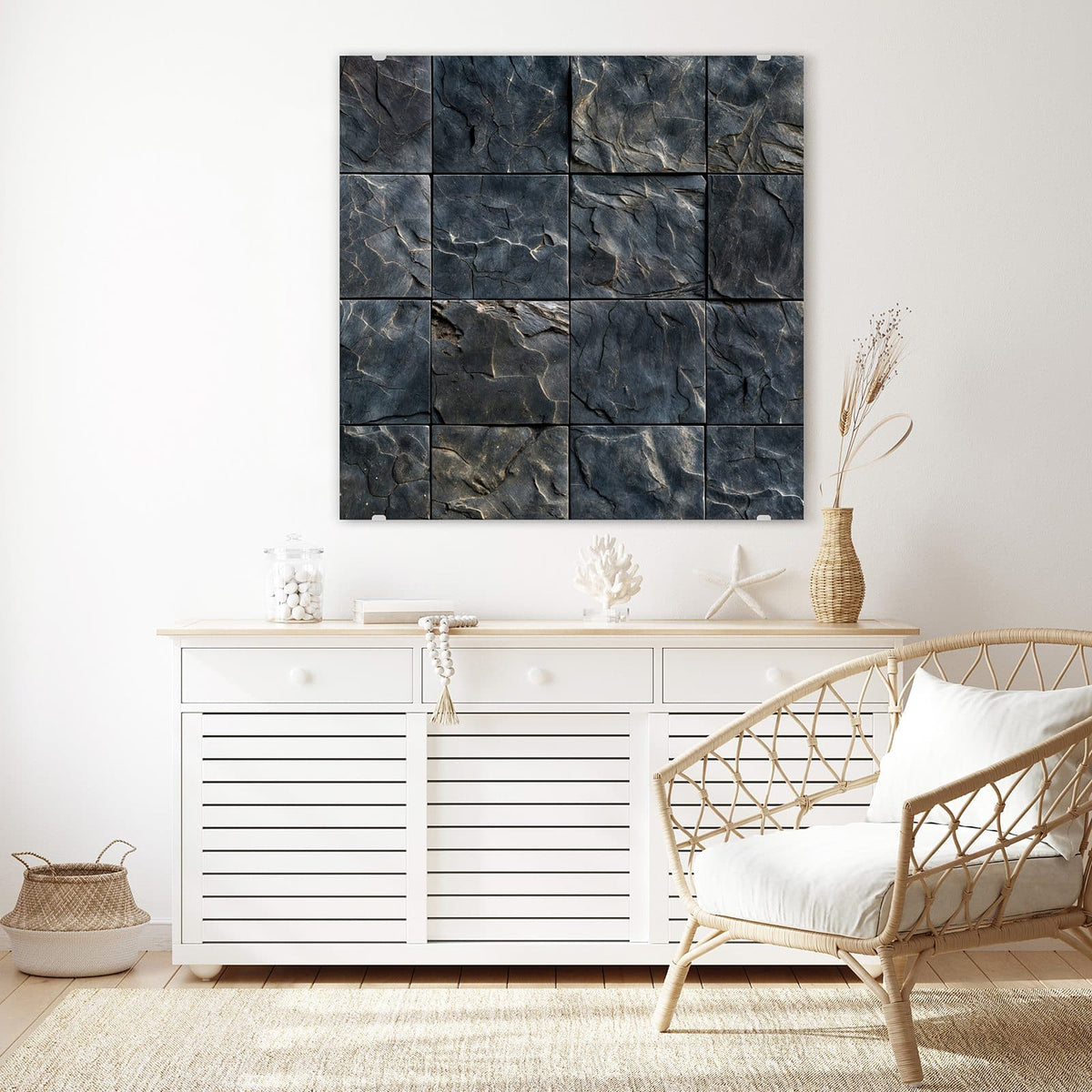 Glasbild Schieferfliesen an der Wand – Raster aus dunklen, gespaltenen Steinplatten in Schieferoptik