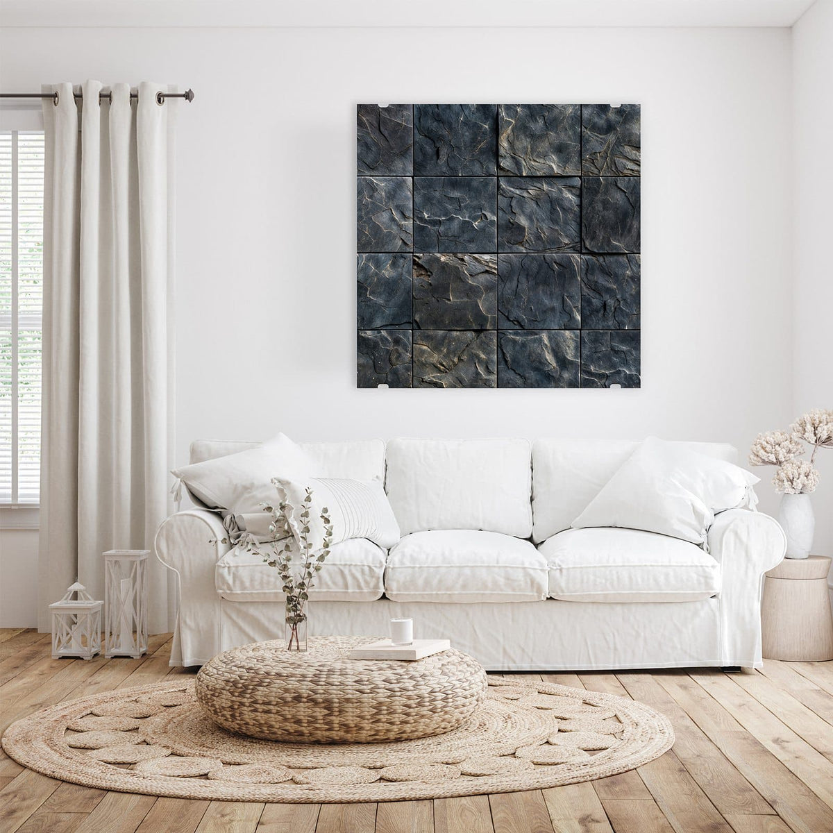 Glasbild Schieferfliesen an der Wand – Raster aus dunklen, gespaltenen Steinplatten in Schieferoptik